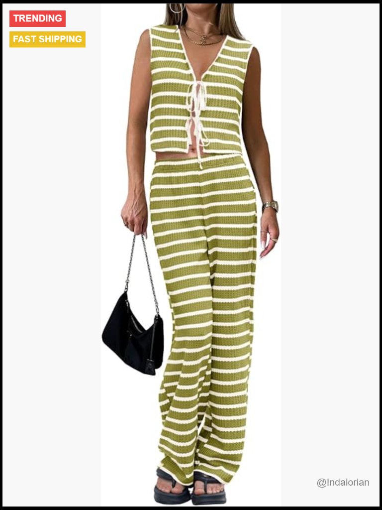 Crochet 2 Piece Matching Set Tie Front Vest Wide Leg Pants Y2k
